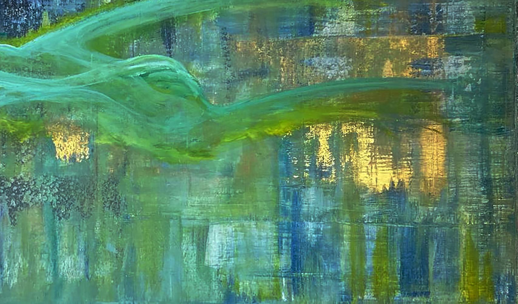 Summer dream acrylic painting by Olga Melezhik, green gold swirls on blue-green canvas