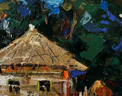Textured earth-toned thatched roof with wooden beams in Oksana Ivanyuk quiet village life oil painting