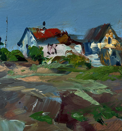 Impasto oil painting of shore with boat by Yuriy Suprunchuk, village scene
