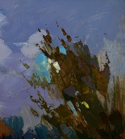 Autumn forest oil painting by Yuriy Suprunchuk with abstract blue brown white brushstrokes