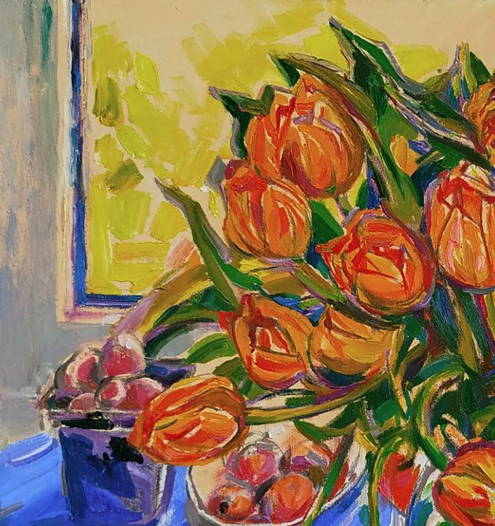 Vibrant orange tulips bouquet by Leonid Pavlenko, bold impressionist oil painting