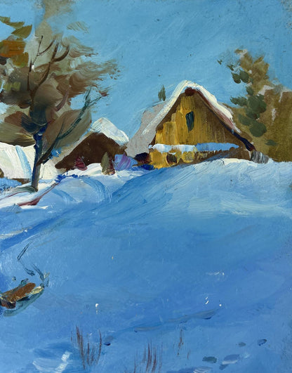 Oil painting Winter’s Evening Tale by Yuriy Suprunchuk: rustic yellow house in snow