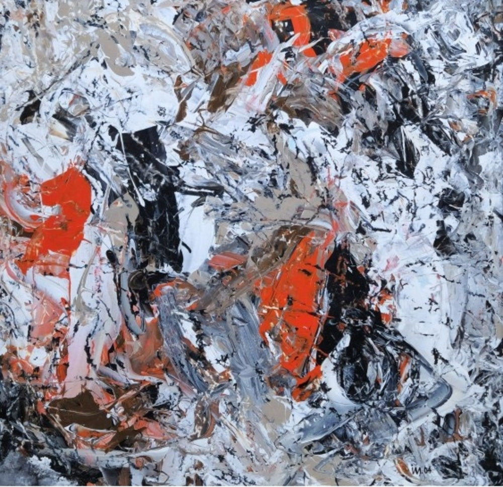 Abstract painting featuring bold orange, black, and white brushstrokes with textured layers of gray and brown.