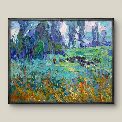 Oil painting Dew herbs by Alex Ivanyuk: vibrant impressionist field landscape in black frame