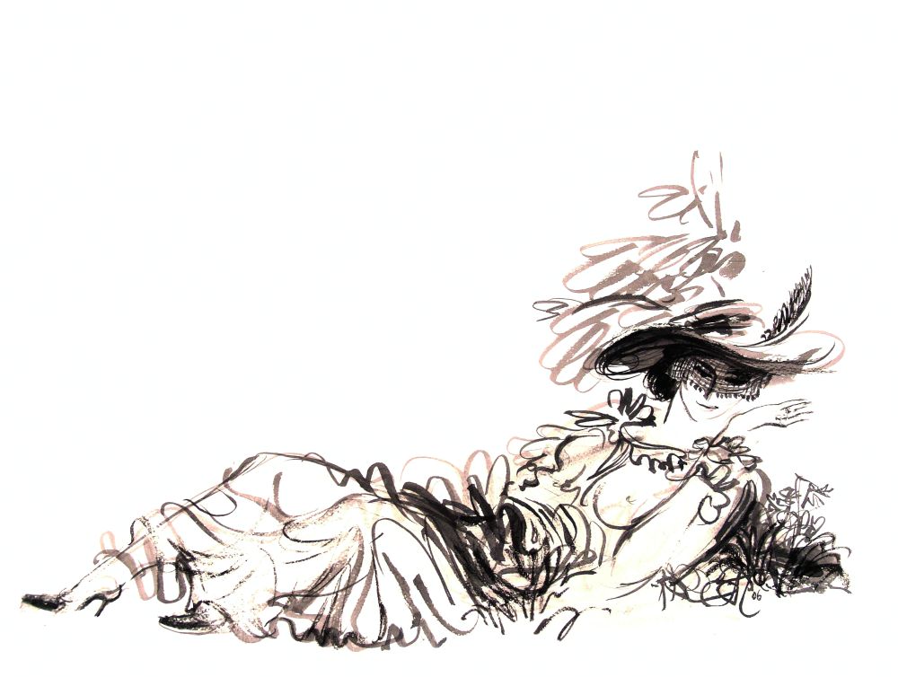 Andriy Chebykin signed etching of woman in flowing gown and feathered hat