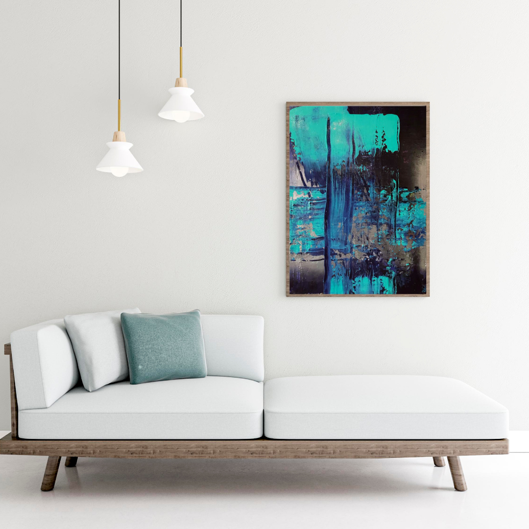 Teal and black abstract painting in a rustic wooden frame.
