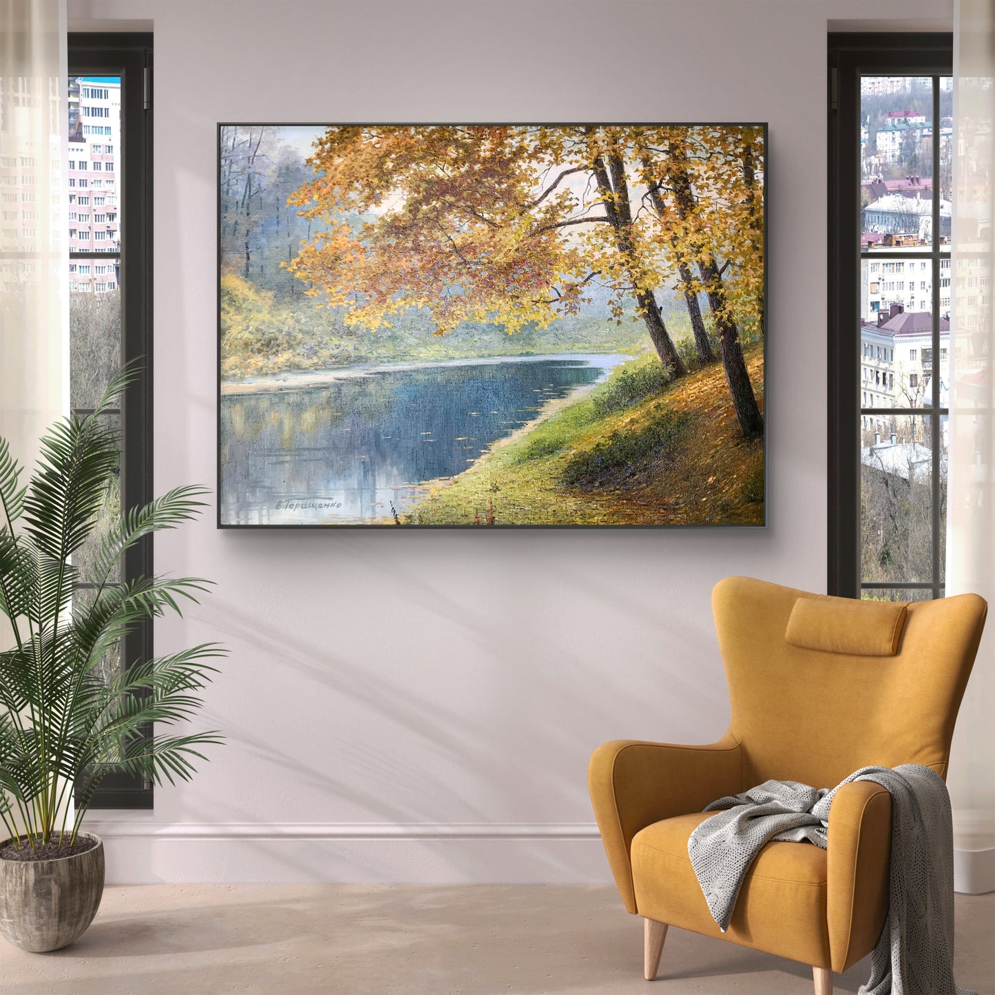 Oil painting by Gerashchenko Volodymyr Fedorovich: serene autumn river landscape