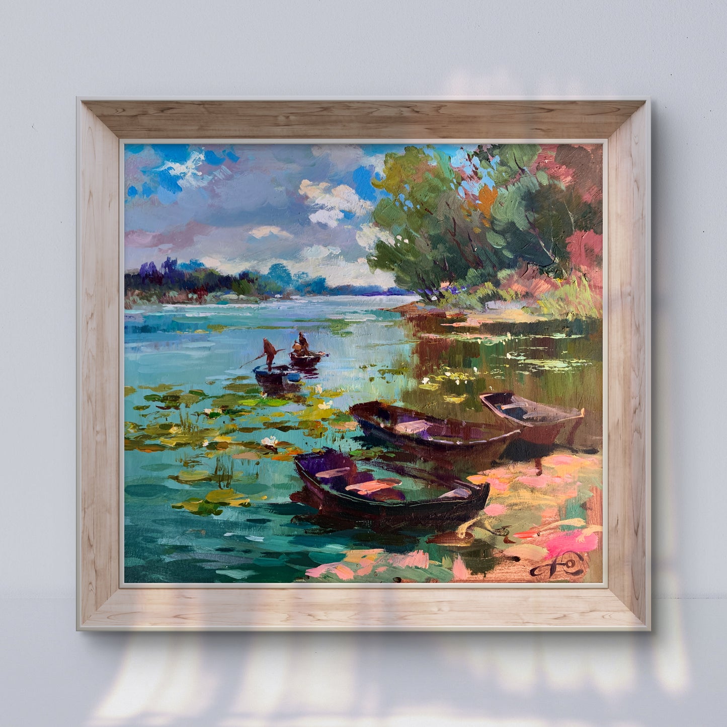 Framed impressionistic oil painting of lakeside boats by Yuriy Suprunchuk