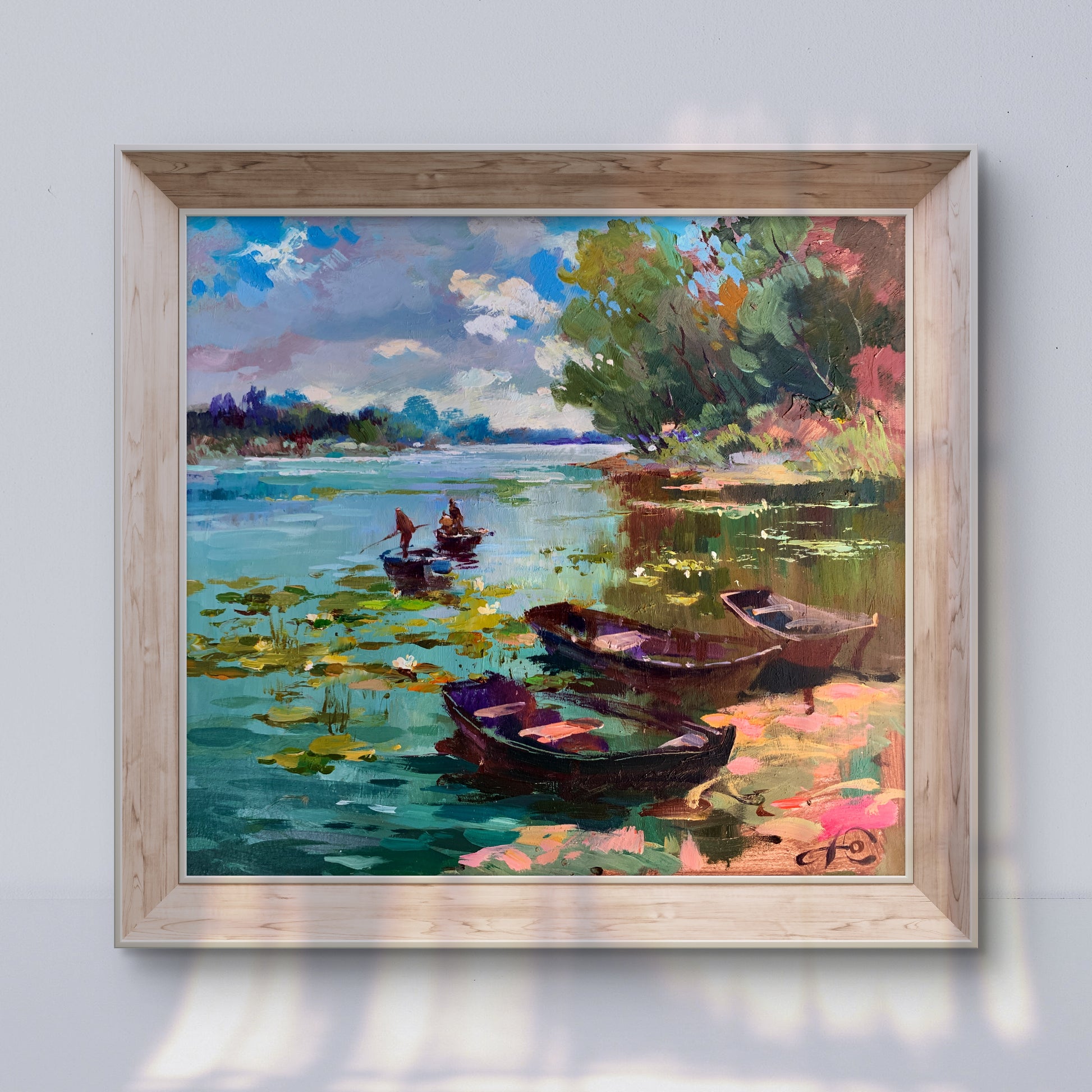 Framed impressionistic oil painting of lakeside boats by Yuriy Suprunchuk