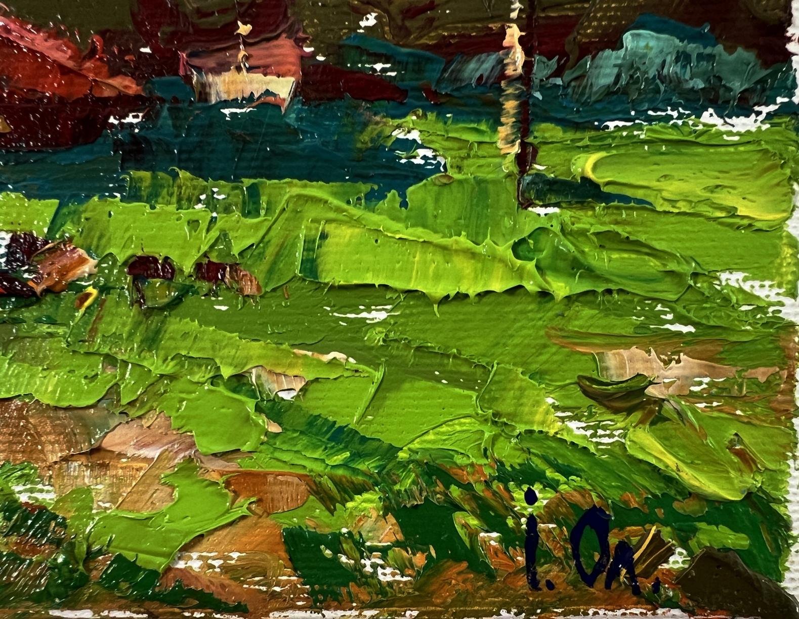 Oil painting Evening village by Oleksiy Ivanyuk with green brushstrokes