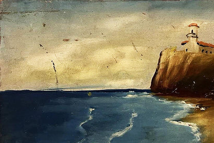 Weathered oil painting of white lighthouse house on hill with orange roof on cliff over ocean