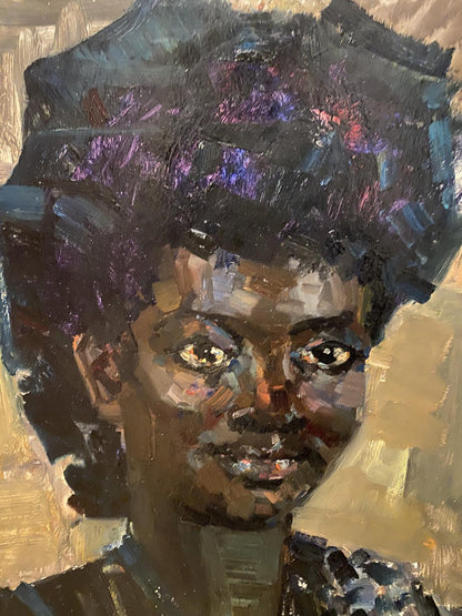 Textured oil painting portrait of girl Leonid Stil with dark skin and curly hair