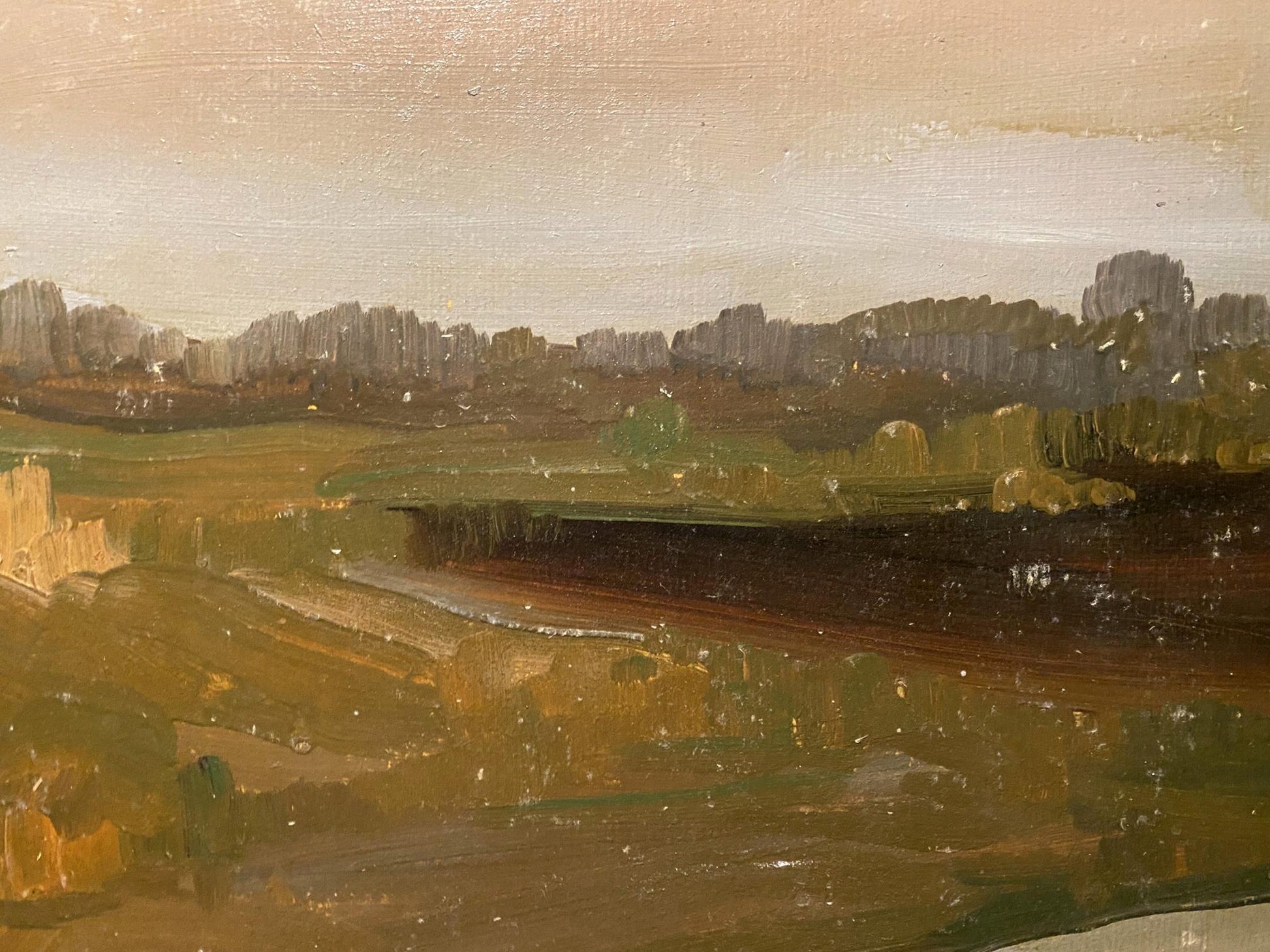 Oil painting Autumn Silence by Mykola Reznik: green hills under beige sky