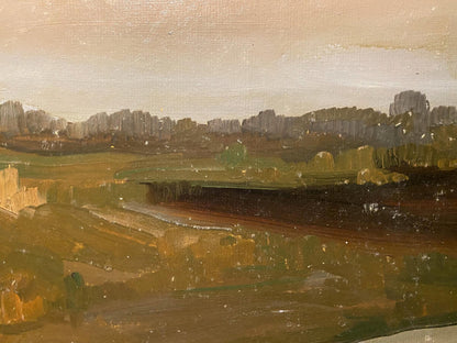 Oil painting Autumn Silence by Mykola Reznik: green hills under beige sky
