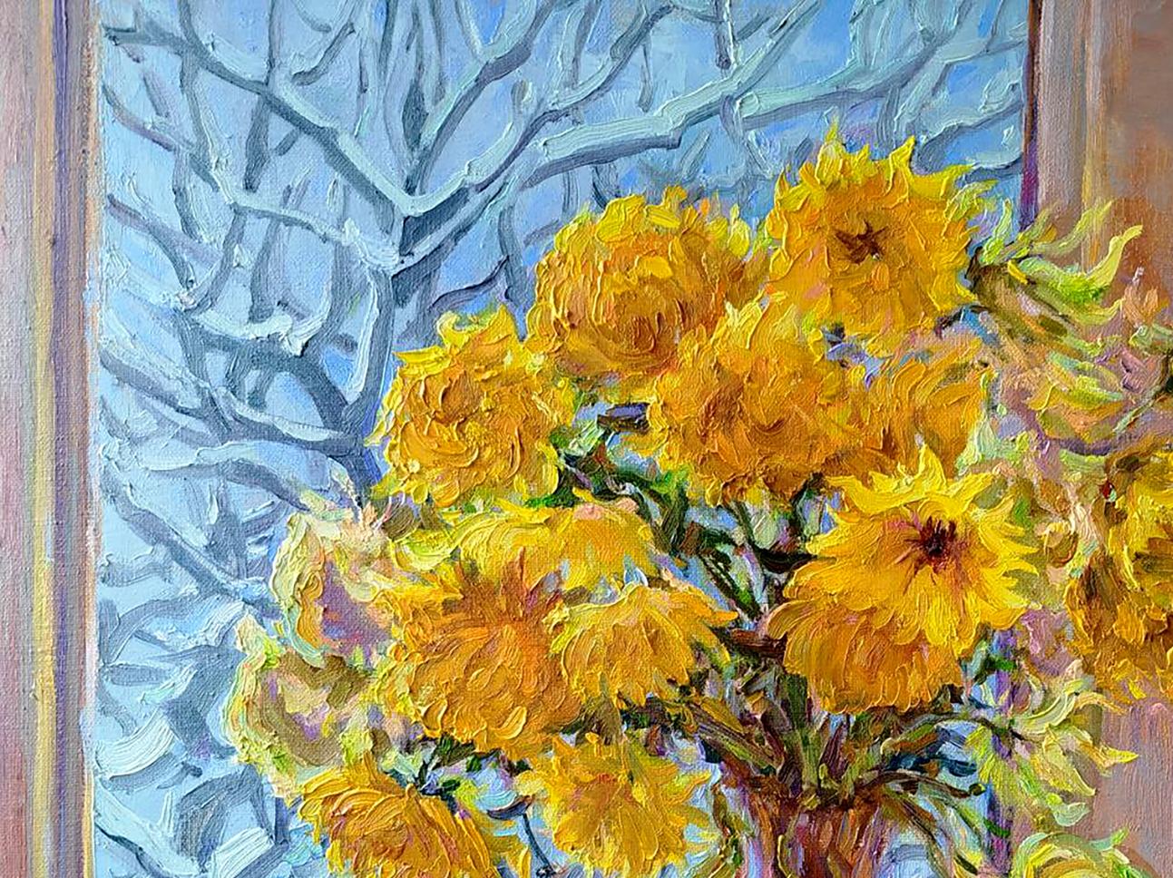 Oil painting of yellow chrysanthemums by Leonid Pavlenko
