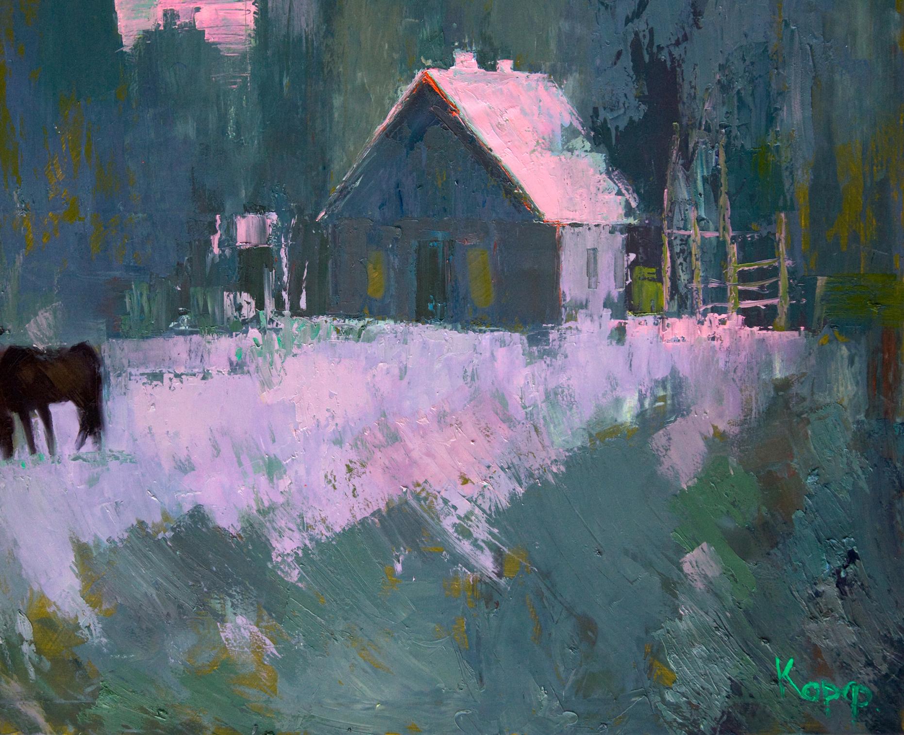 Oil painting Fog in the forest by Natalia Korf-Ivaniuk: cozy snow-dusted house