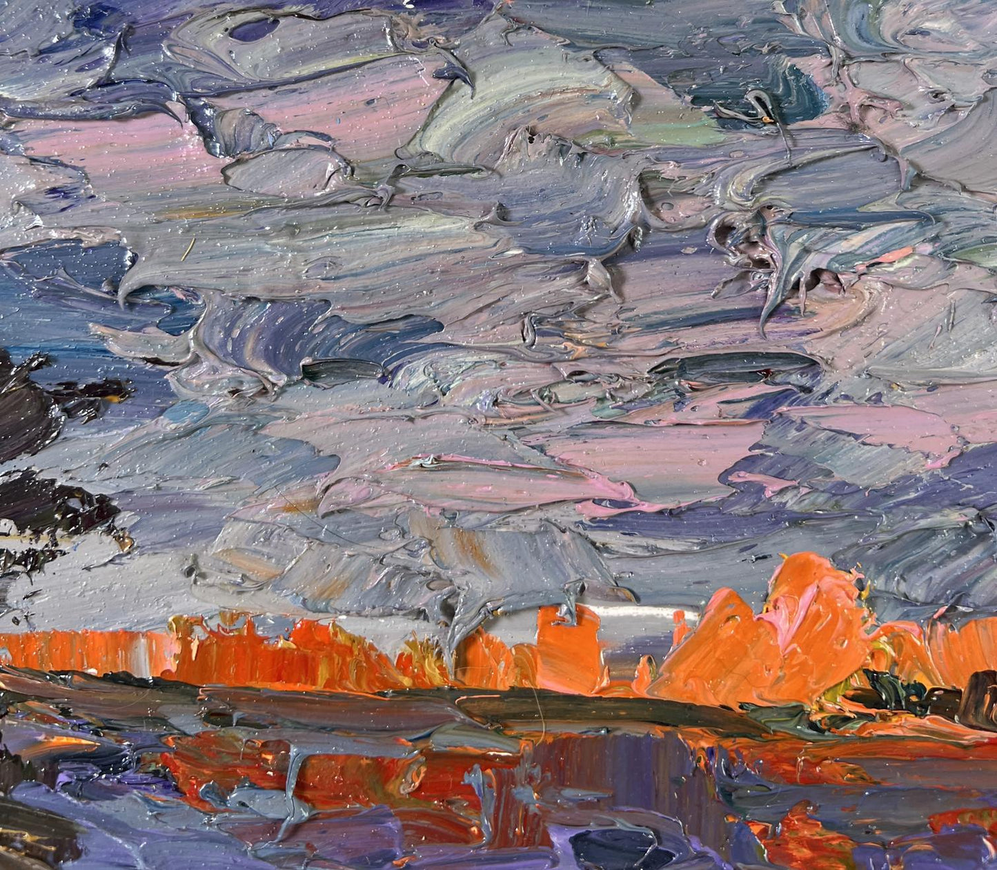 Oil painting Geese in the Yard by Boris Serdyuk, vibrant orange landscape and swirling sky