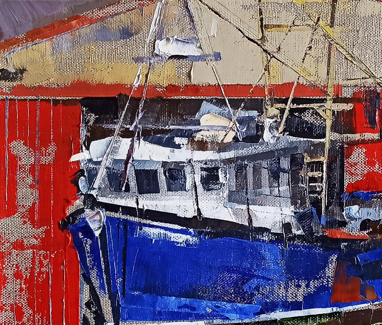 Oil painting of fishing boat under repair by Volodymyr Gluhomanyuk