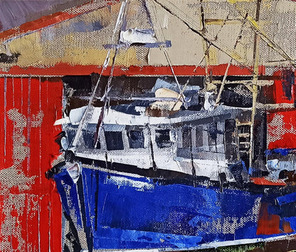 Oil painting of fishing boat under repair by Volodymyr Gluhomanyuk