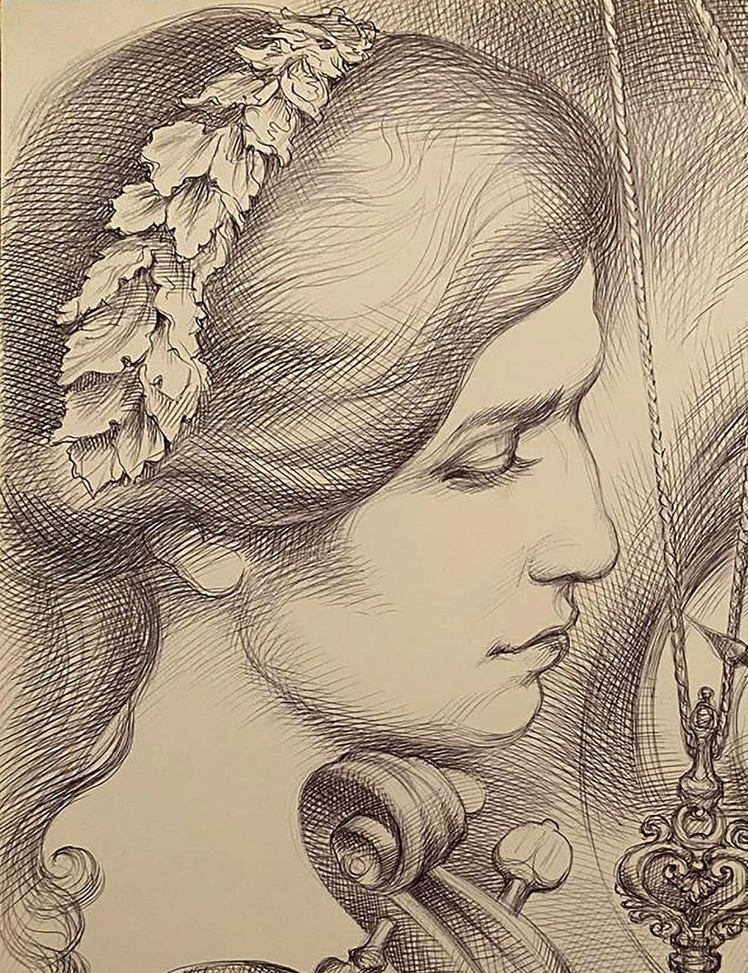 Delicate floral headband pencil sketch by Natalia Bulat in Pen painting Key time art