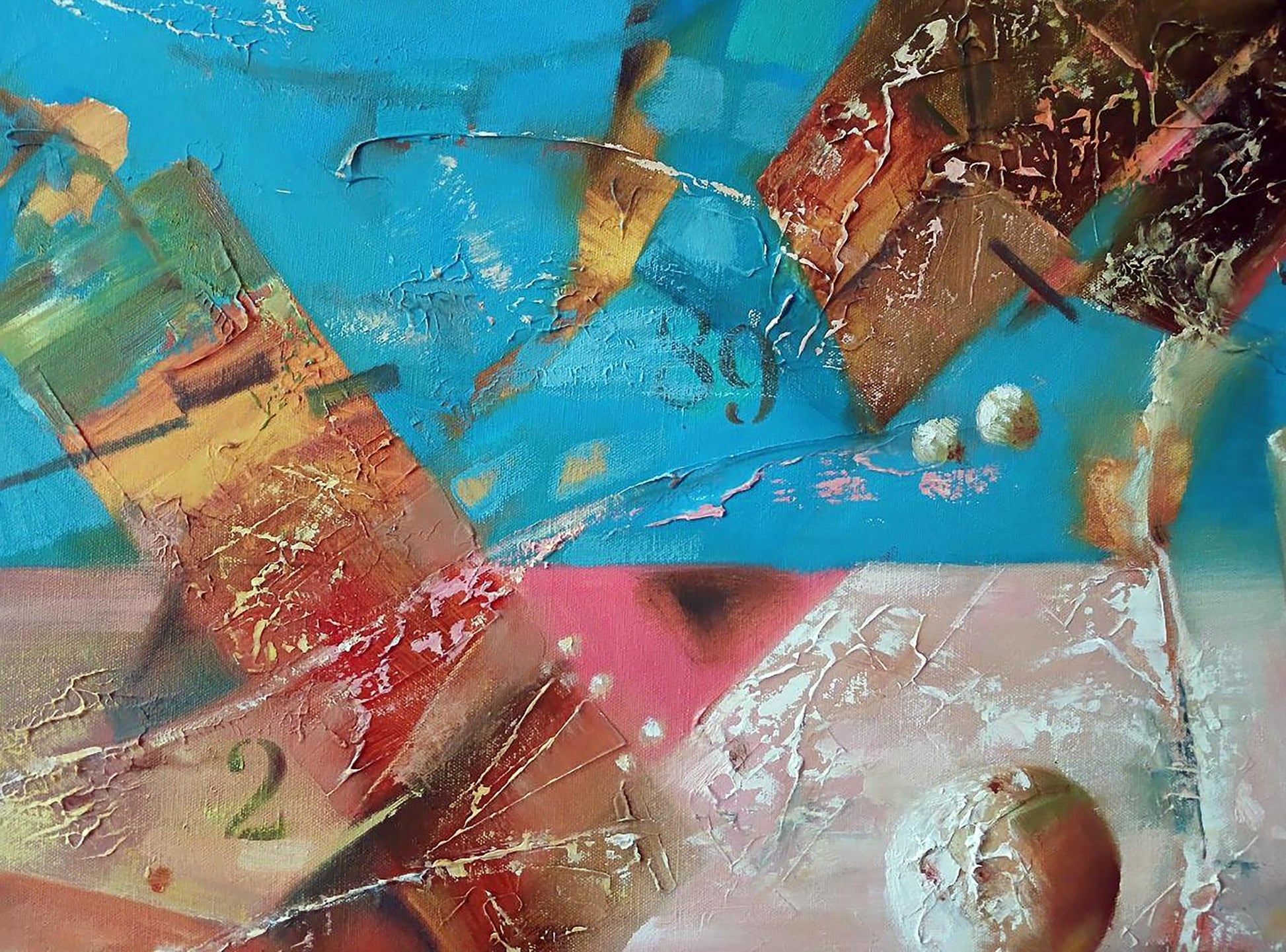 Abstract oil painting Thaw by Anatoly Tarabanov with bold blue red earthy tones