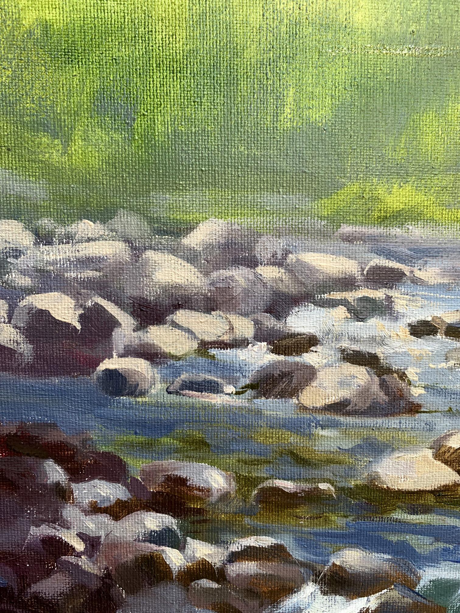 Oil painting Threshold to a dream by Tatyana Derdey: stream over gray stones