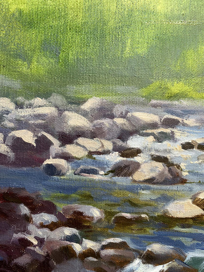 Oil painting Threshold to a dream by Tatyana Derdey: stream over gray stones