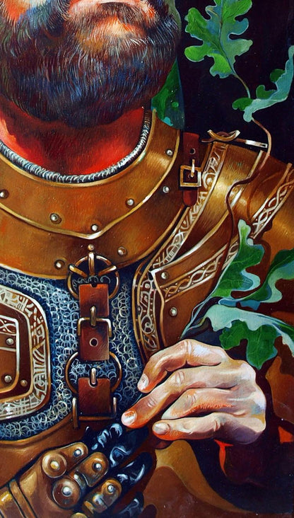 Bronze leather shoulder plate with Celtic knotwork in Bhima Konsta G. Amelinn oil painting