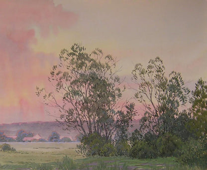 Watercolor painting of sunset over river by Valery Savenets