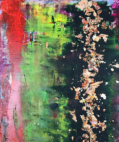 Vibrant Burlesque Olga Melezhik acrylic painting with bold red green black strokes and golden flakes