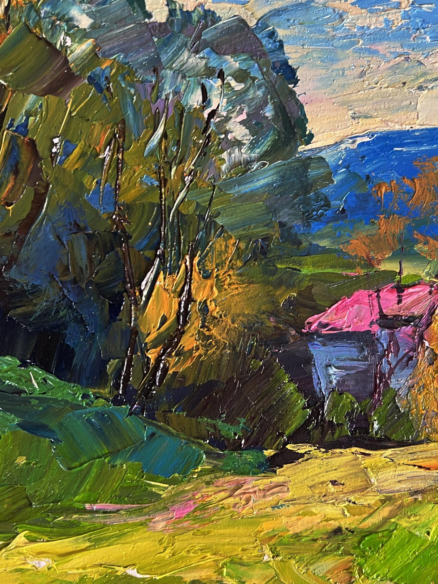 Vibrant impressionist oil painting The House with the Pink Roof by Boris Serdyuk