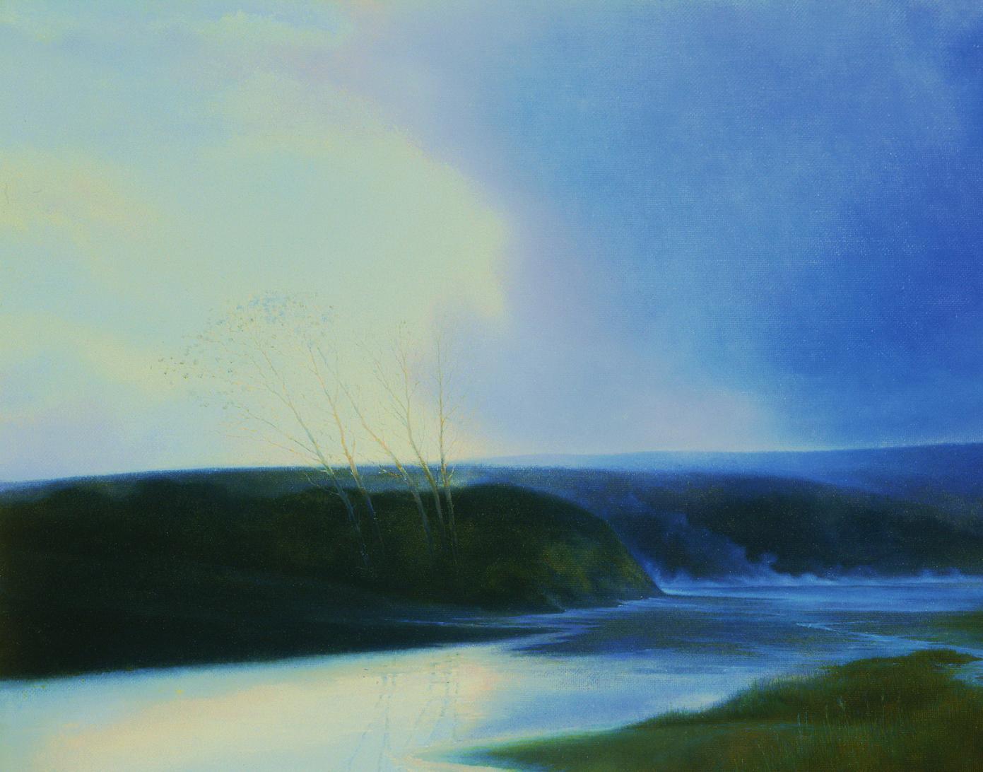 Oil painting Before the Storm by Vasily Korkishko: serene twilight river landscape