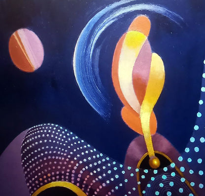 Oil painting Illuminations by Alexander Strashevich, vibrant orange swirls on cosmic blue