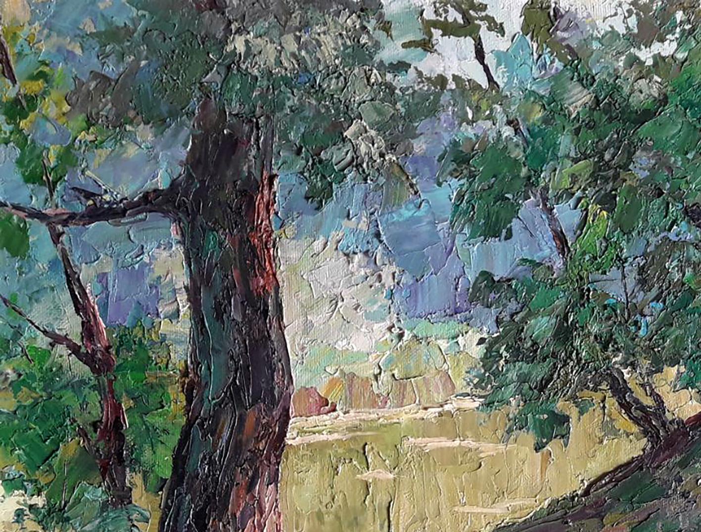 Oil painting Shore in the forest by Boris Serdyuk textured tree bark leaves