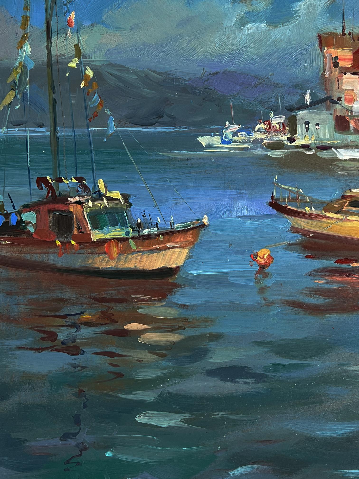 Oil painting of rustic red fishing boat with flags docked by riverside shore by Yuriy Suprunchuk