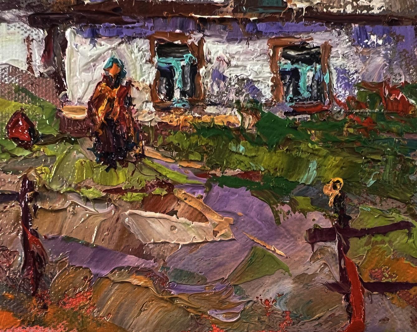 Oil painting Pink sunset over village by Oksana Ivanyuk with rustic house