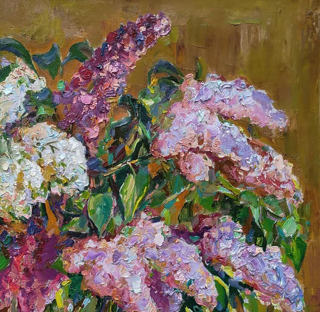 Vibrant oil painting of lilac blossoms by Leonid Pavlenko on warm background