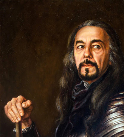 Oil painting self-portrait in knights armor by Valeriy Bulat