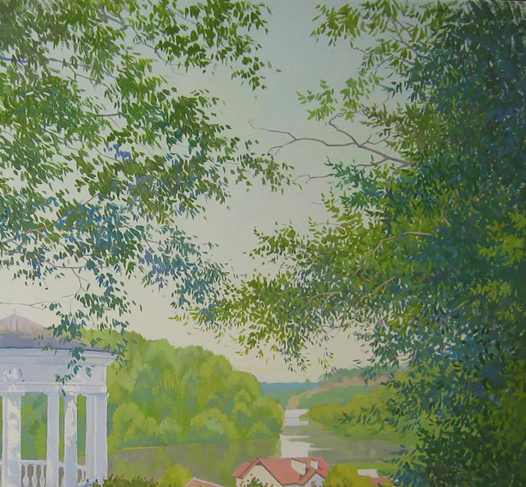 Oil painting Morning in the city park by Valery Savenets: white gazebo in lush foliage