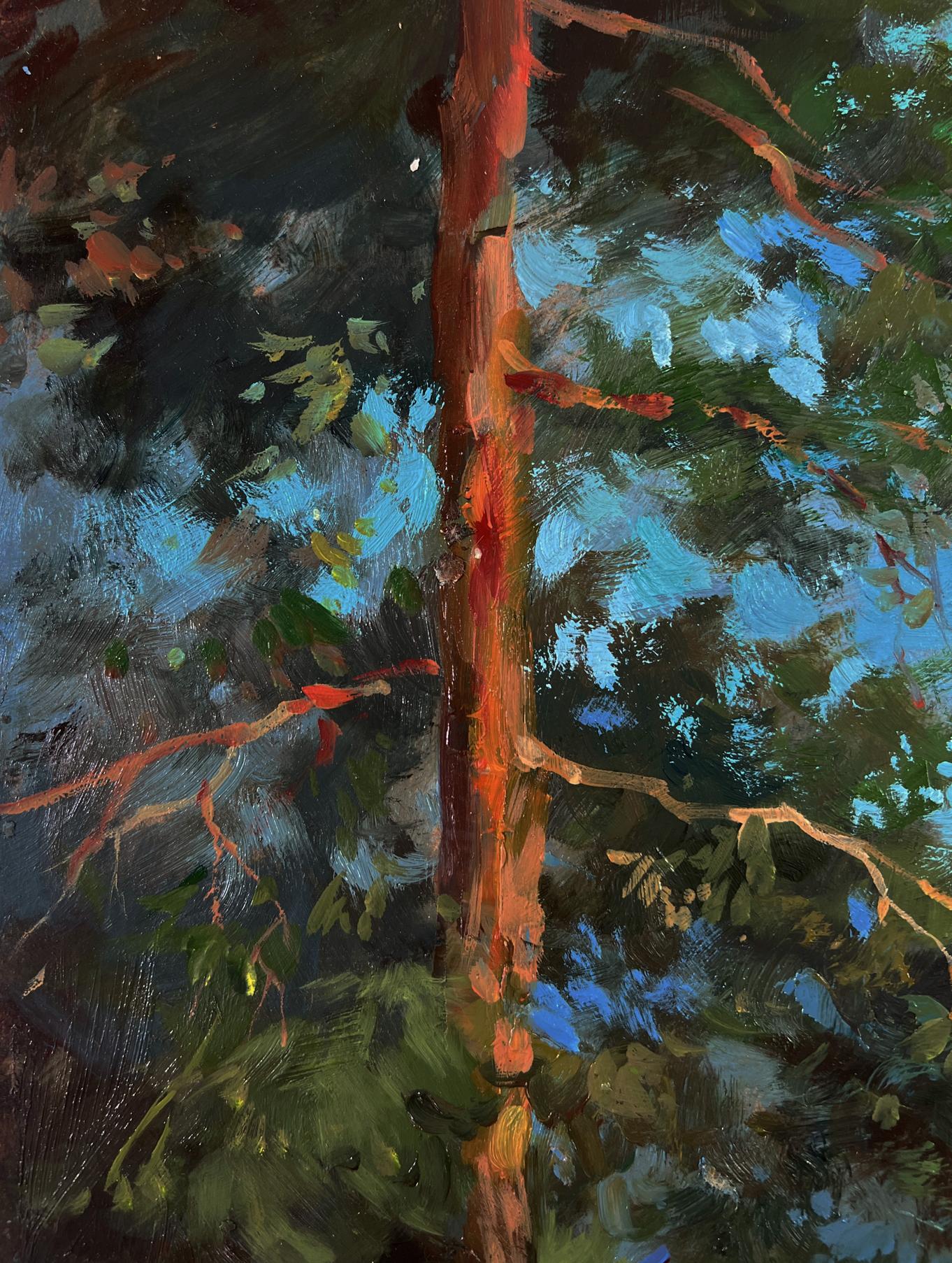Oil painting Walk in the forest by Yuriy Suprunchuk: vibrant red tree trunk amid greens