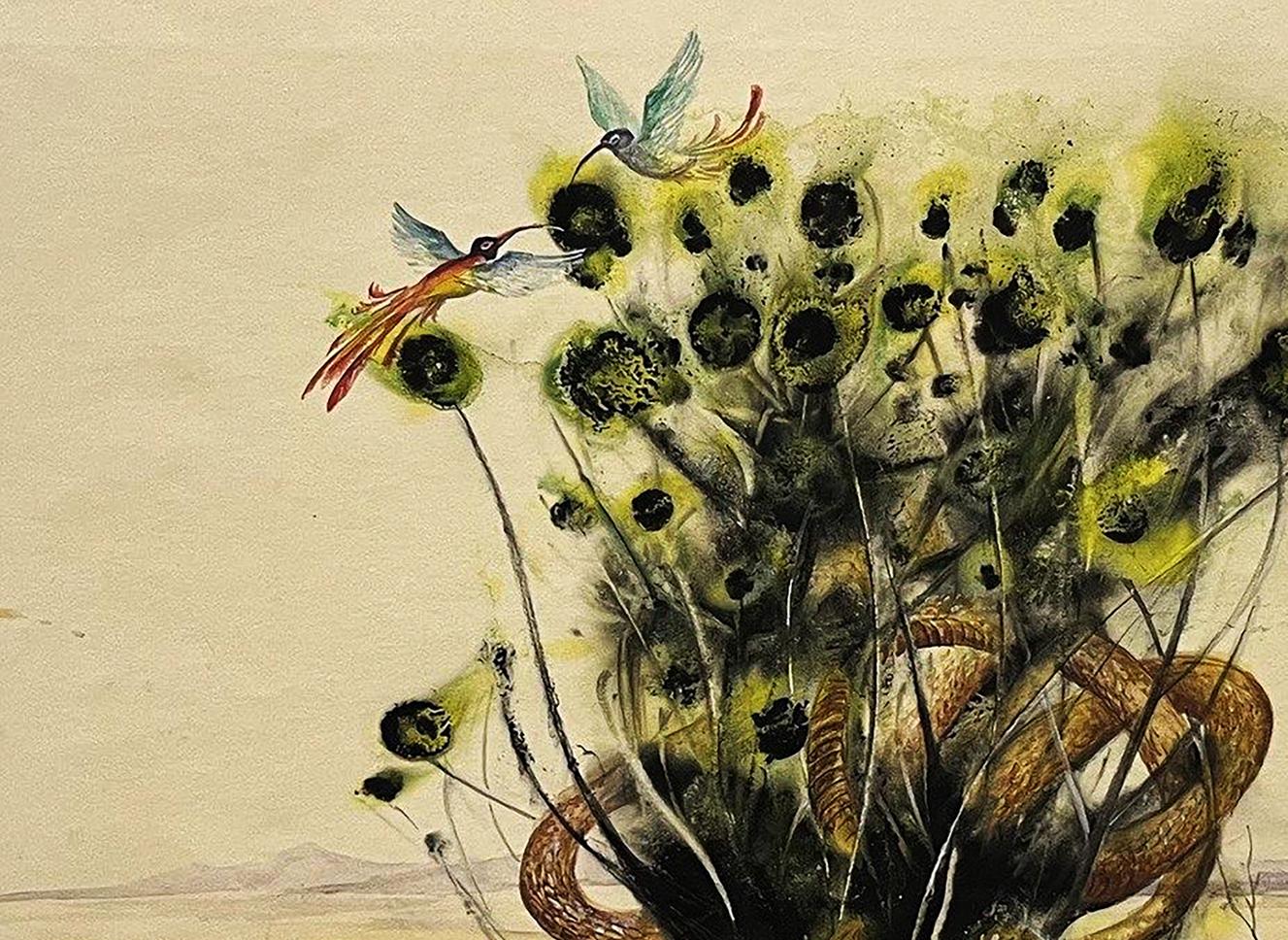 Watercolor painting of hummingbirds, flowers and snake by Dmytro Startsev