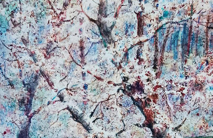 Oil painting After the winter snowstorm by Vitaly Duhnevich, blossoming trees