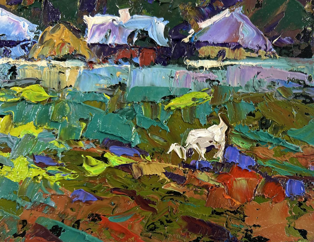 Oil painting of two white goats grazing on edge of village by Oleksiy Ivanyuk