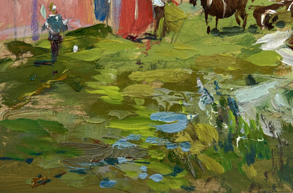 Vibrant impressionist oil painting Horses by the hay by Yuriy Suprunchuk