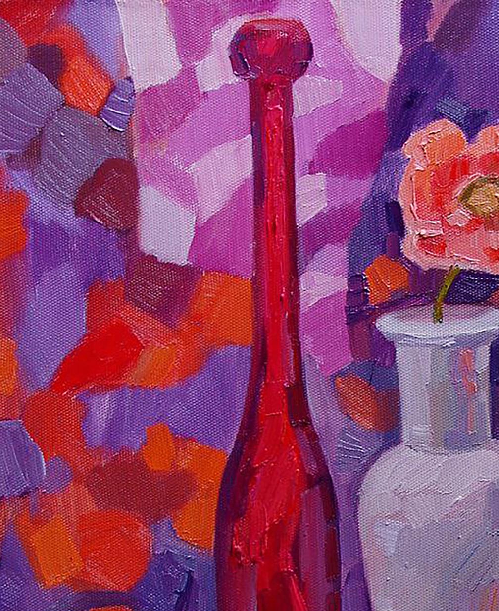 Oil painting Delicate flower by Tatyana Shulyak in tall red glass bottle