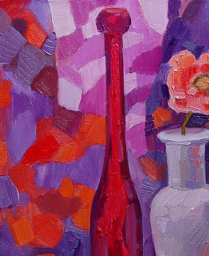 Oil painting Delicate flower by Tatyana Shulyak in tall red glass bottle