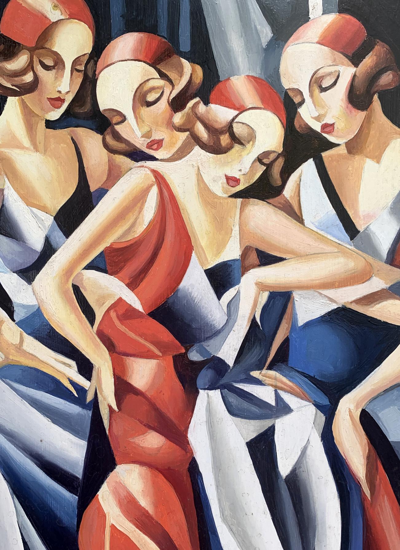 Vibrant art deco abstract oil painting of slender girls by Victor Konotopsky, inspired by Franz Metzinger