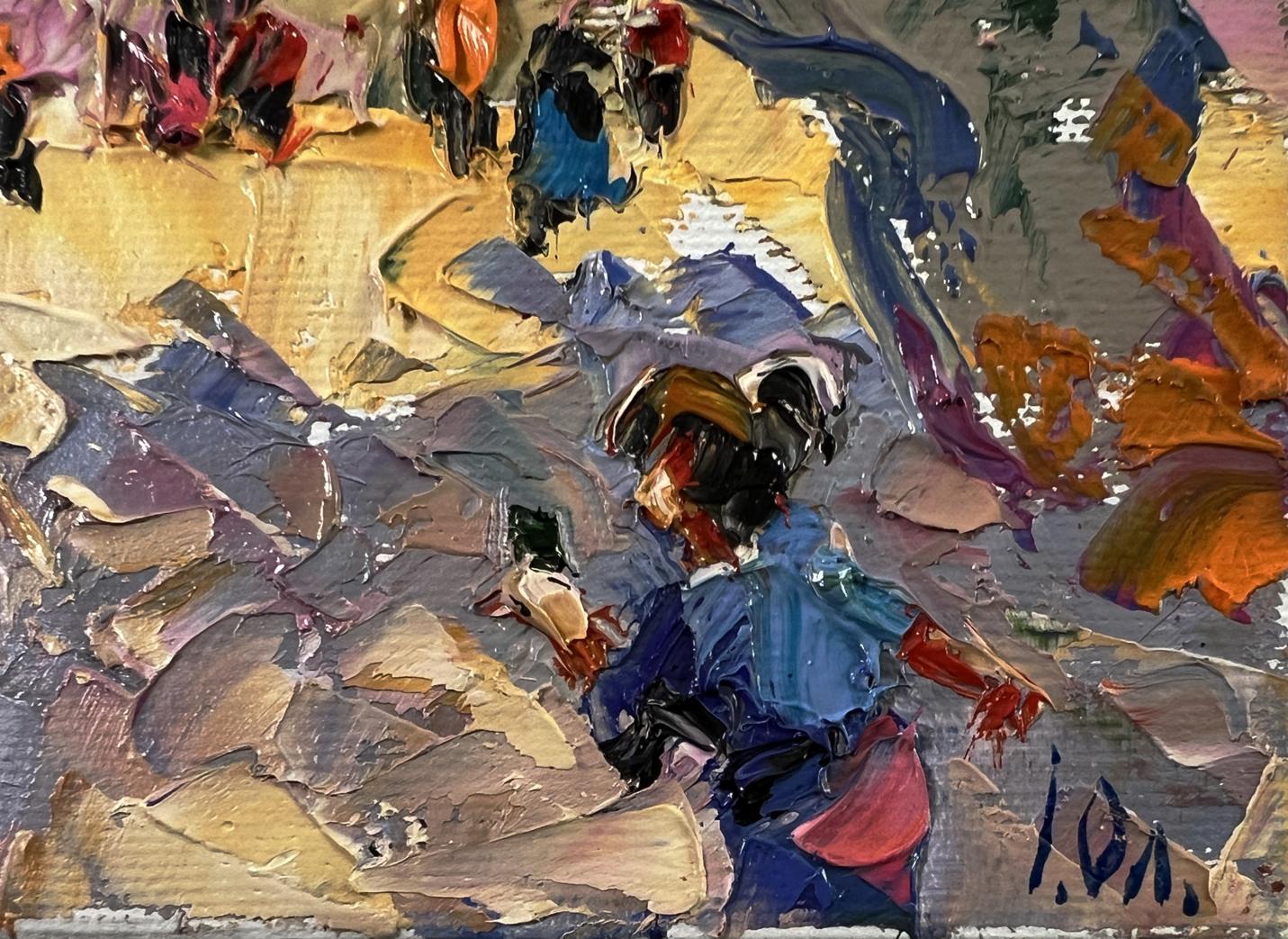 Oil painting Walk in the Park by Oleksiy Ivanyuk vibrant figure in blue red