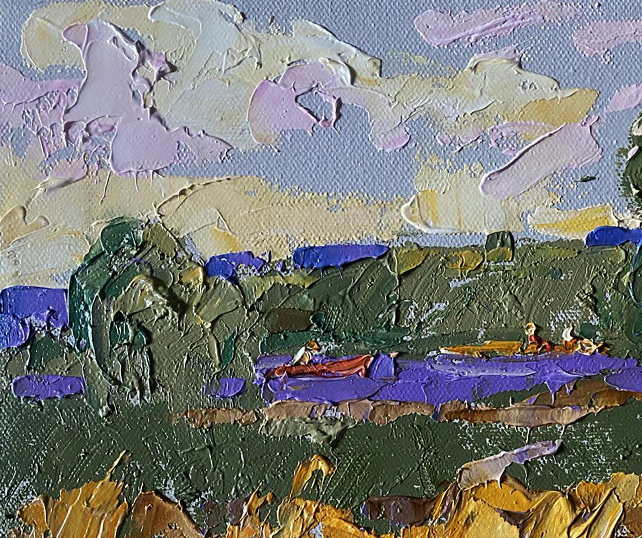 Impasto oil painting by Oleksiy Ivanyuk: green hills, purple river, boats
