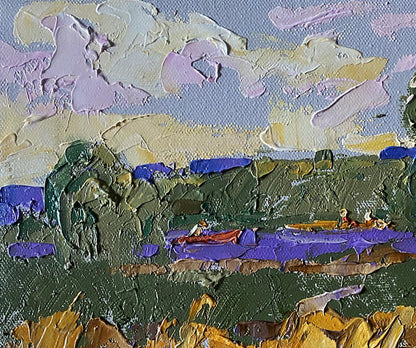 Impasto oil painting by Oleksiy Ivanyuk: green hills, purple river, boats